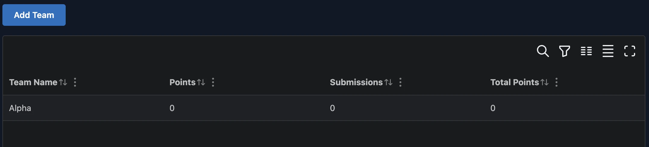 Table showing the list of teams in the Event with an Add Team button.