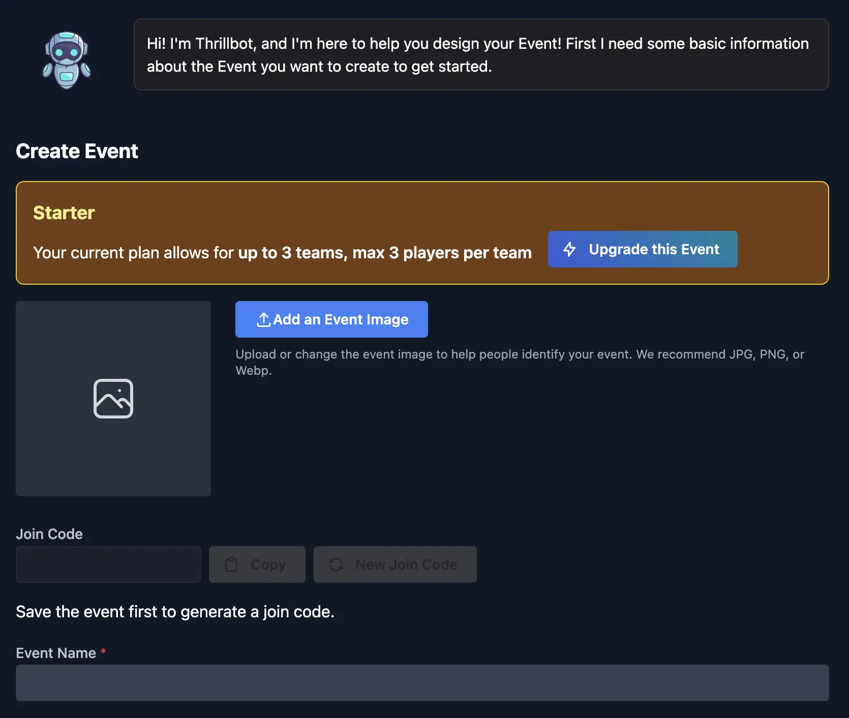 Entering event name and uploading an image in the event creation screen.