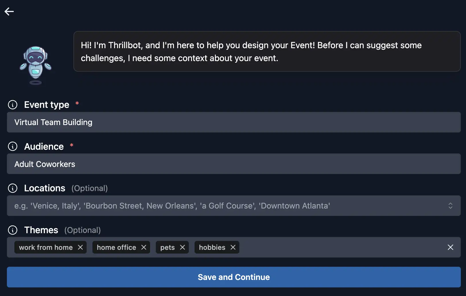 Adding event type, audience, and themes for AI suggestions.