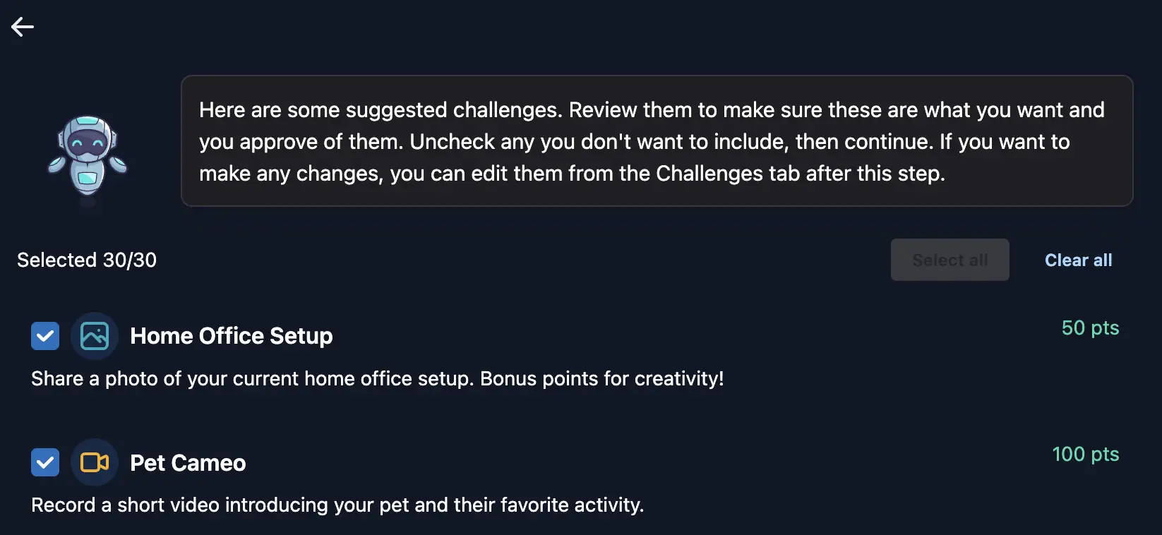 Reviewing AI-suggested challenges before adding them to the event.