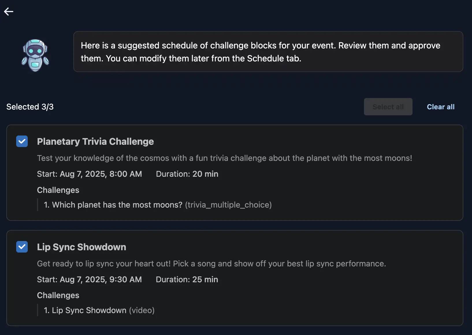 Reviewing AI-suggested challenge schedule.