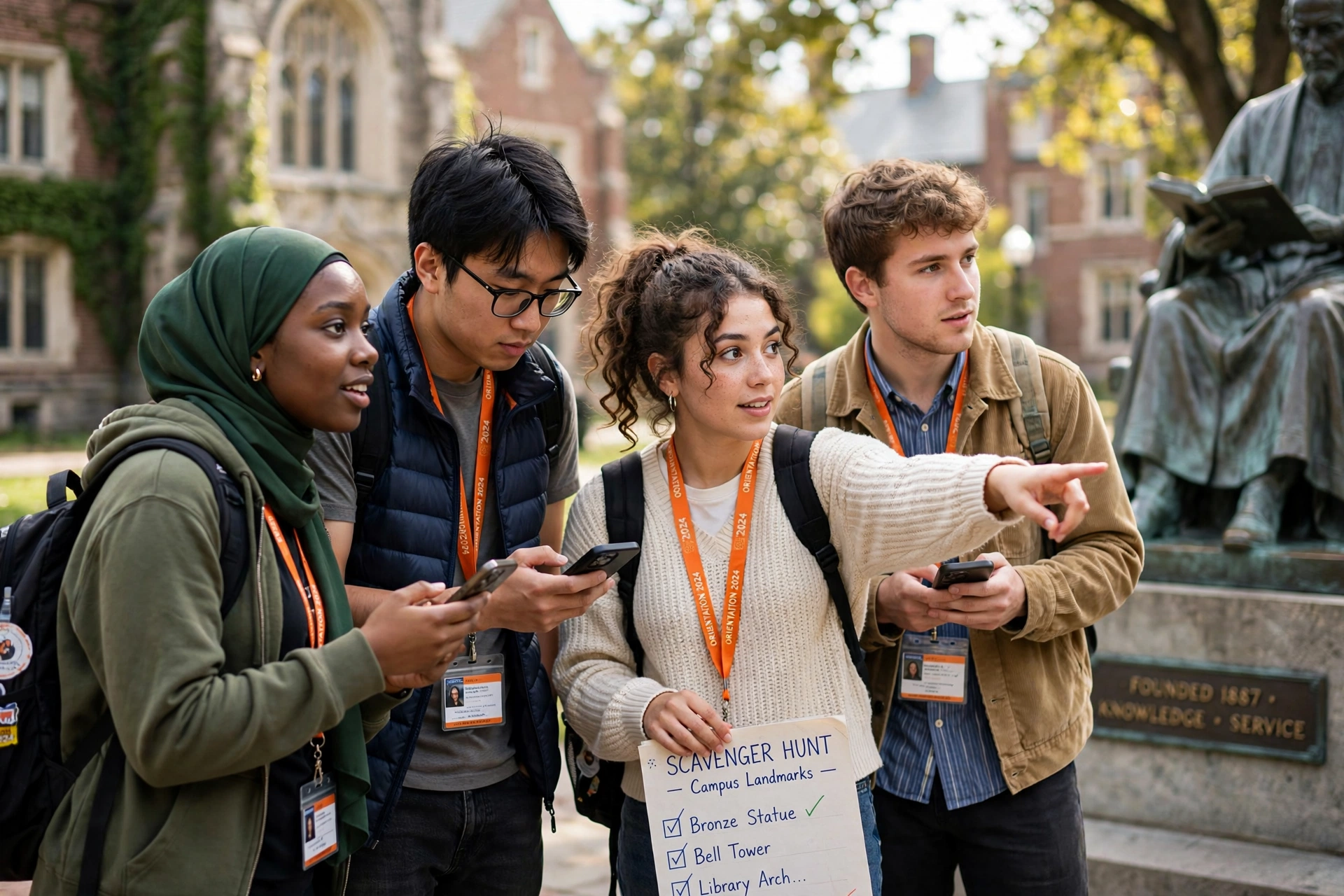 Students completing the challenge 'Find the founders statue' by checking their phones at a campus landmark