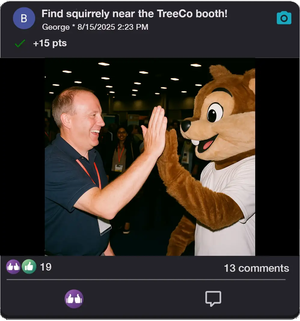 An attendee completing the challenge 'Find squirrely near the TreeCo booth!' by giving a high five to a person in a squirrel costume