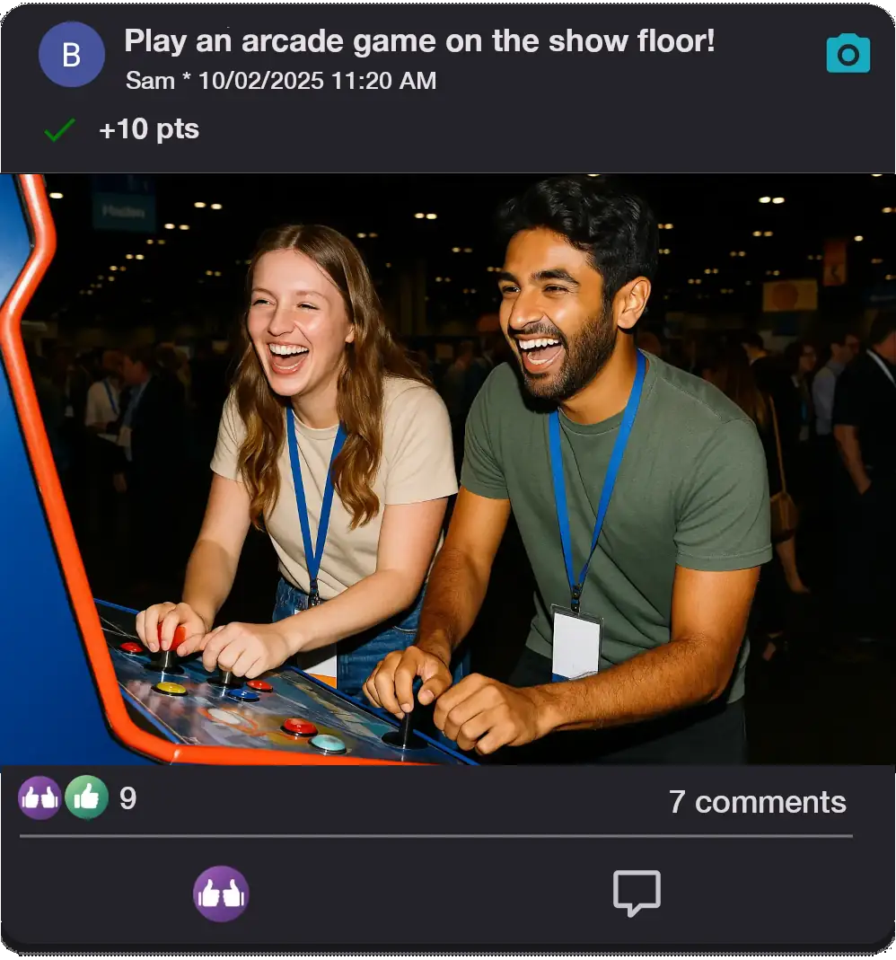 Attendees completing the challenge 'Play the arcade games' by playing a game at an exhibitor's booth