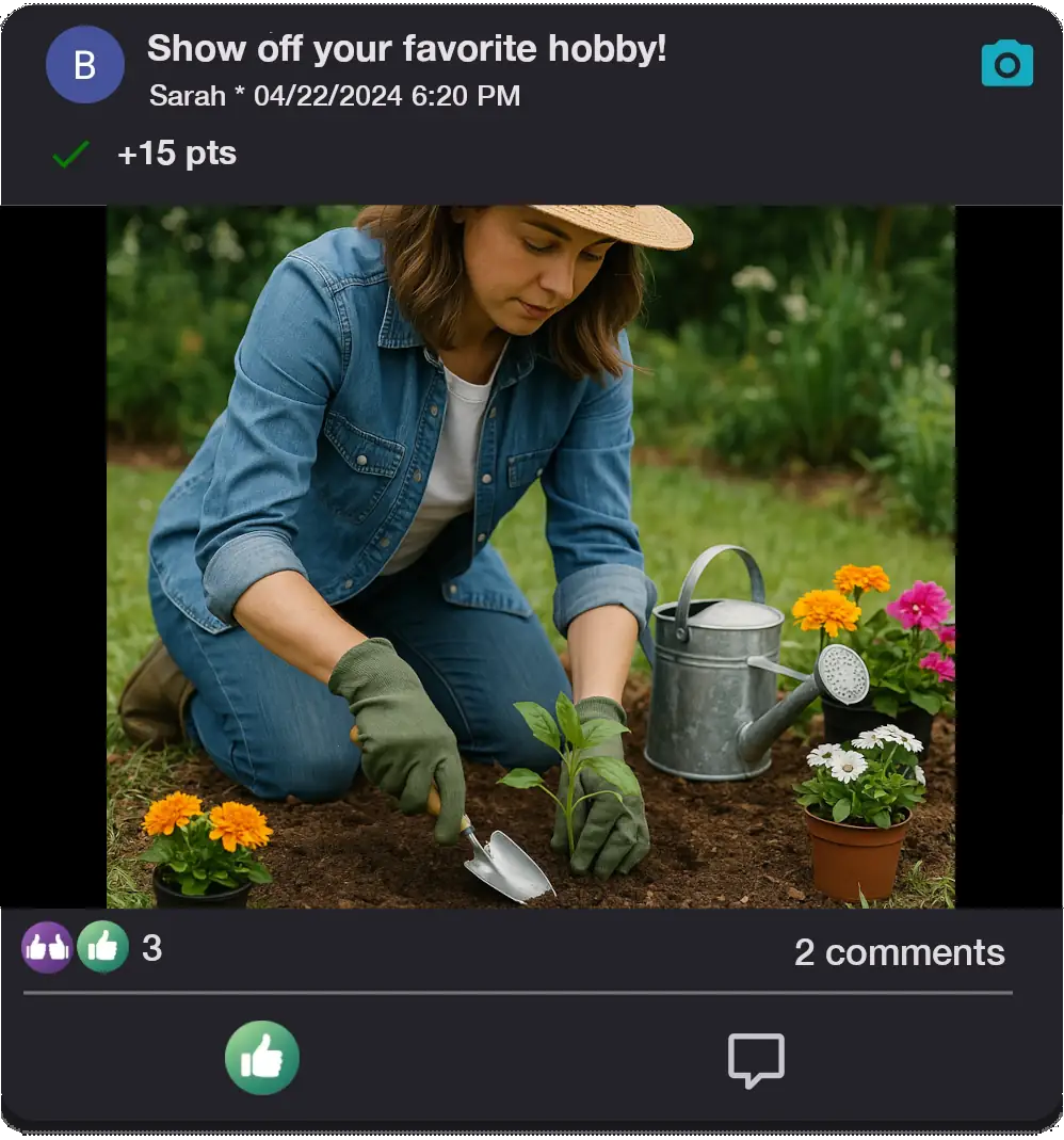 A woman completing the 'Show off your favorite hobby!' challenge by showing her planting in her garden