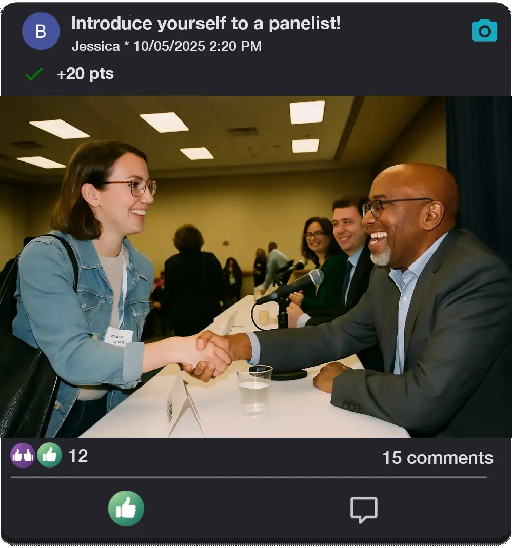 An attendee completing the challenge 'Meet a panelist' by taking a photo with a speaker after their session
