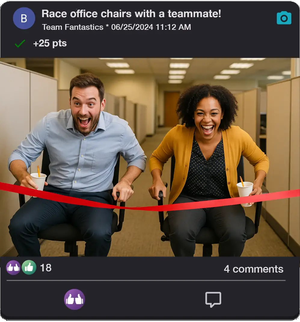 Two coworkers completing the 'Race office chairs with a teammate!' challenge by racing office chairs between cubicles