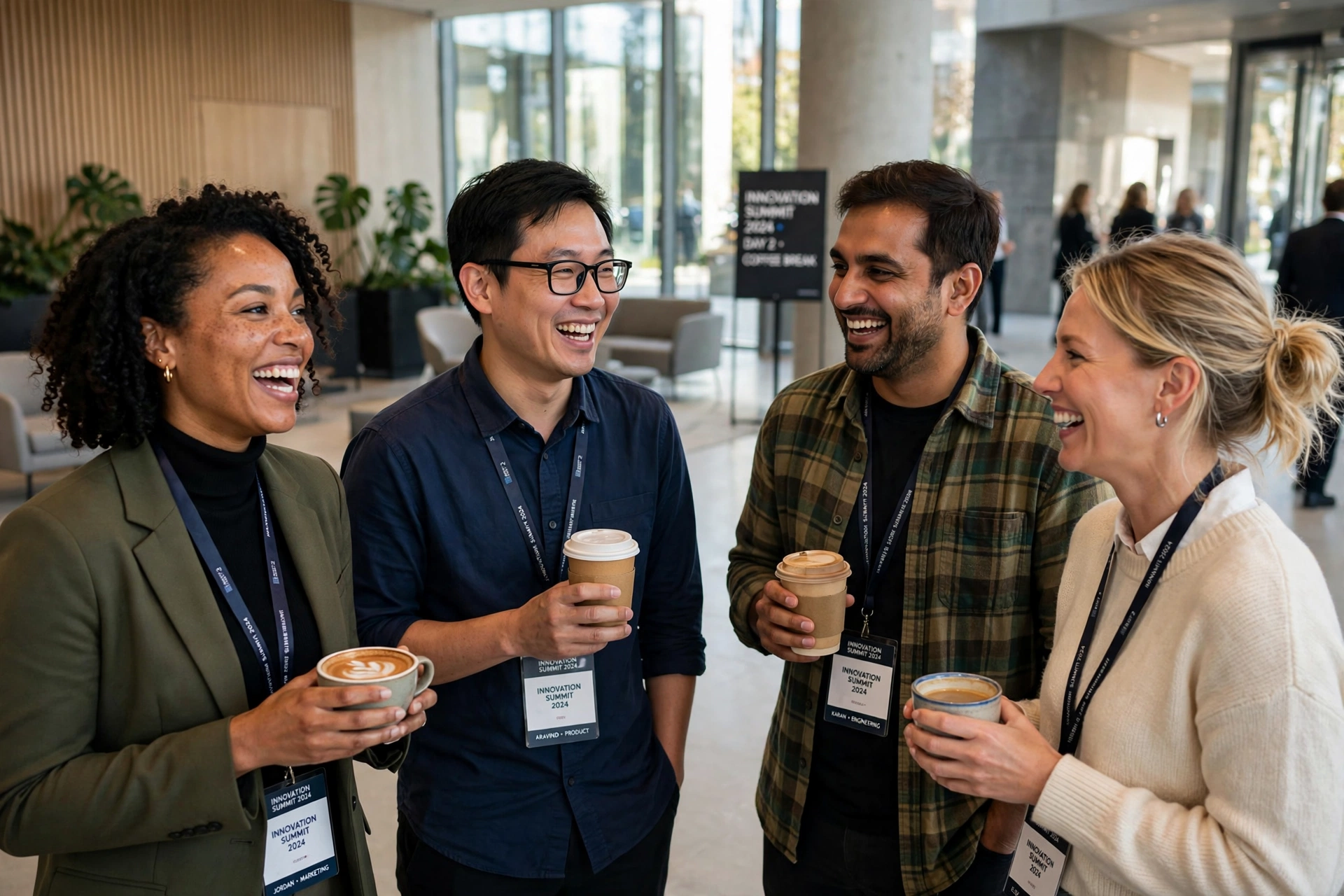 Sales colleagues chatting and laughing over coffee during a break at the sales kickoff