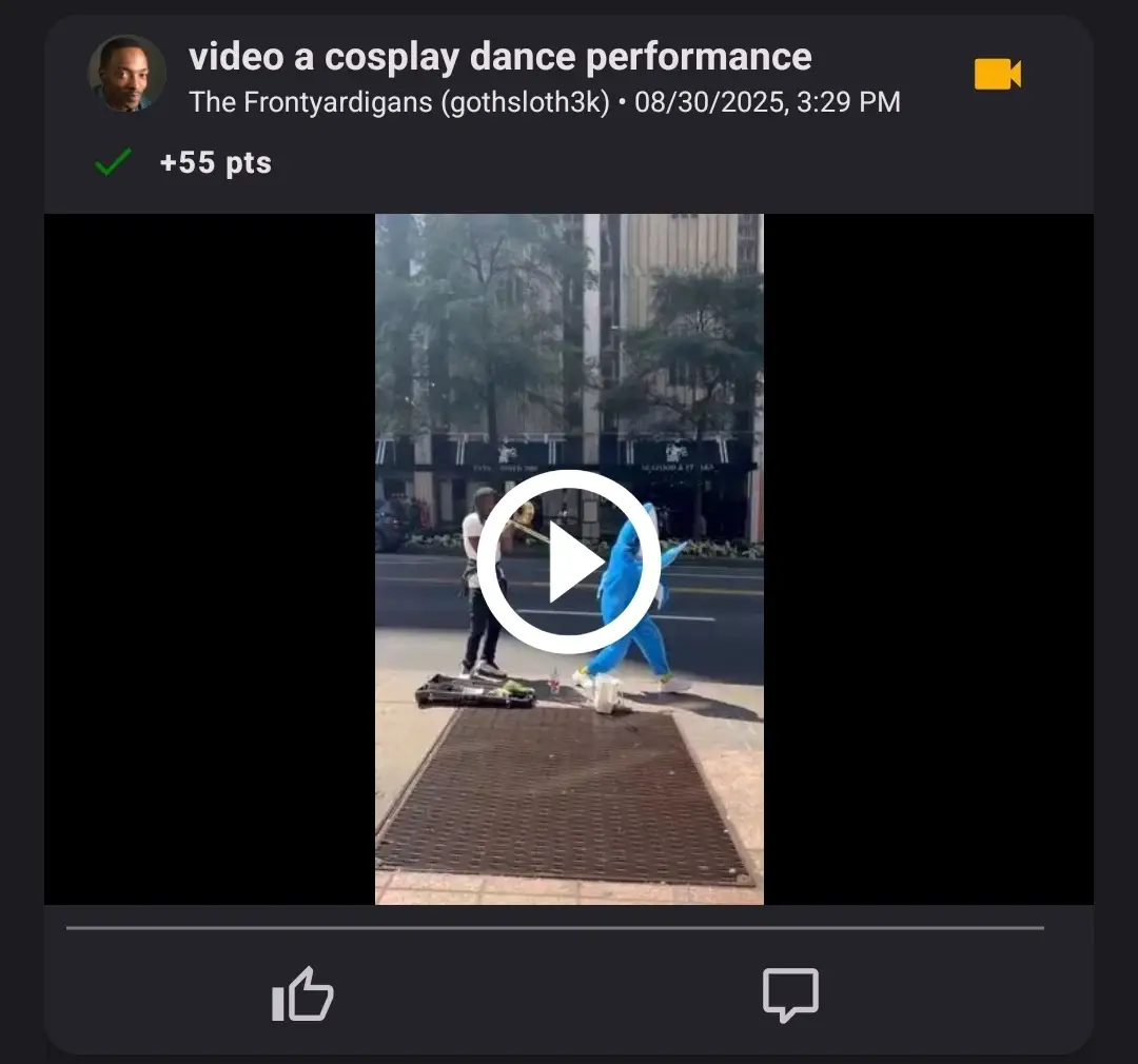 A video completing a challenge to find someone in cosplay dancing, featuring a man with a trombone next to a shark mid pose