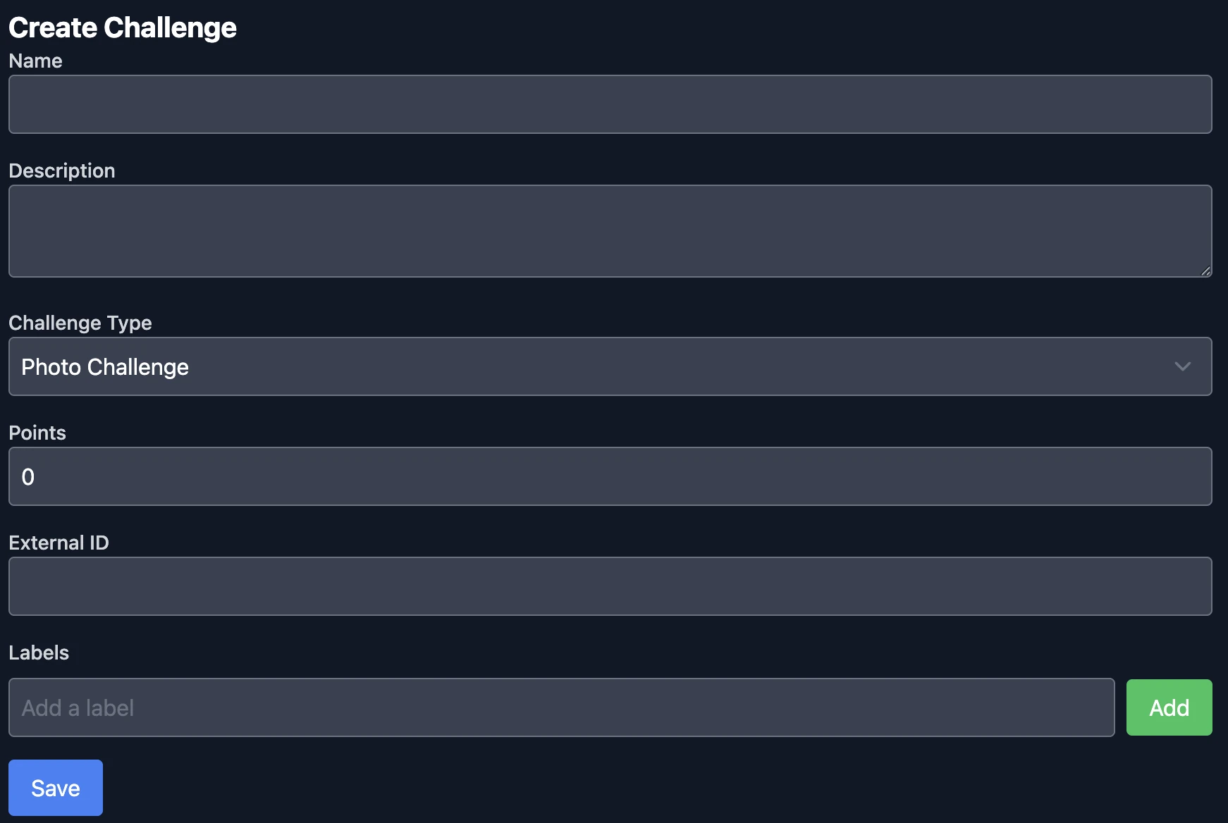 The screen showing a form to fill out when creating a new challenge.