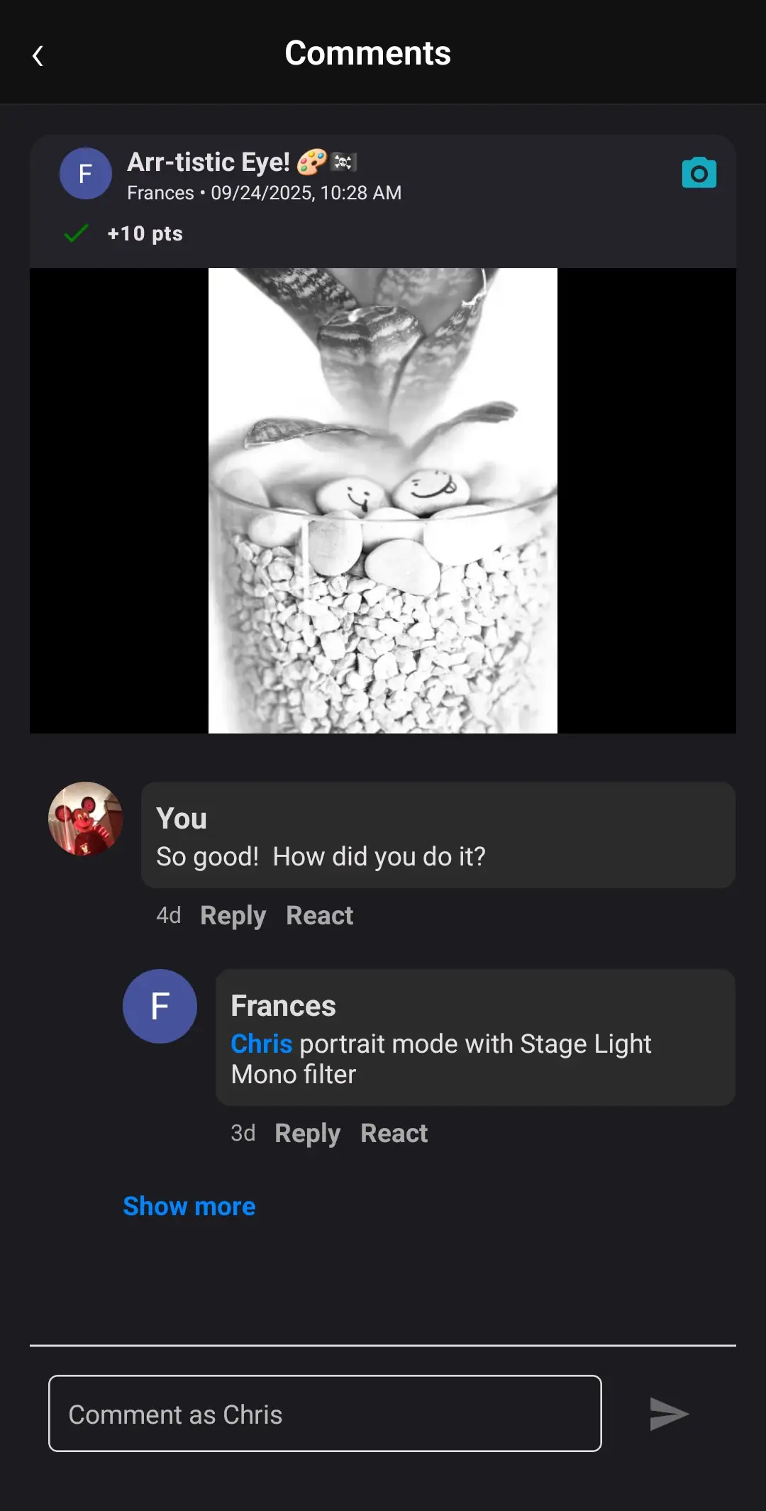 Screenshot of a comment thread on a challenge submission