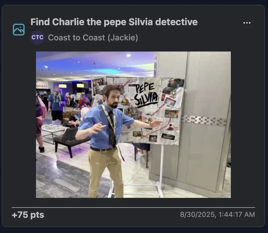 A cosplayer dressed as Charlie from It's Always Sunny, frantically gesturing at a conspiracy board plastered with the words 'PEPE SILVIA'.