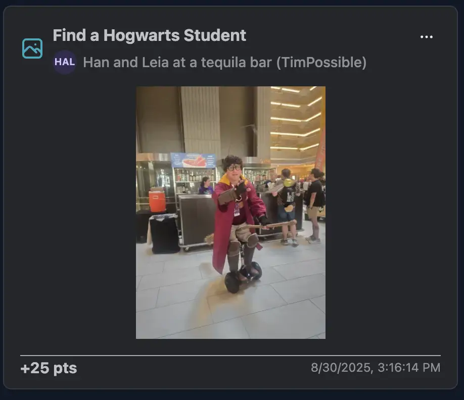 A Gryffindor cosplayer riding a hoverboard like it’s a broomstick, wand at the ready.