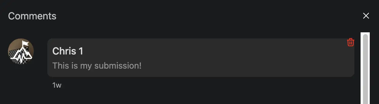 Comments popup showing delete trash icon