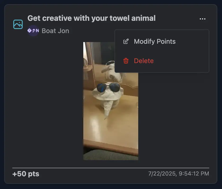 Challenge submission menu showing Modify Points option
