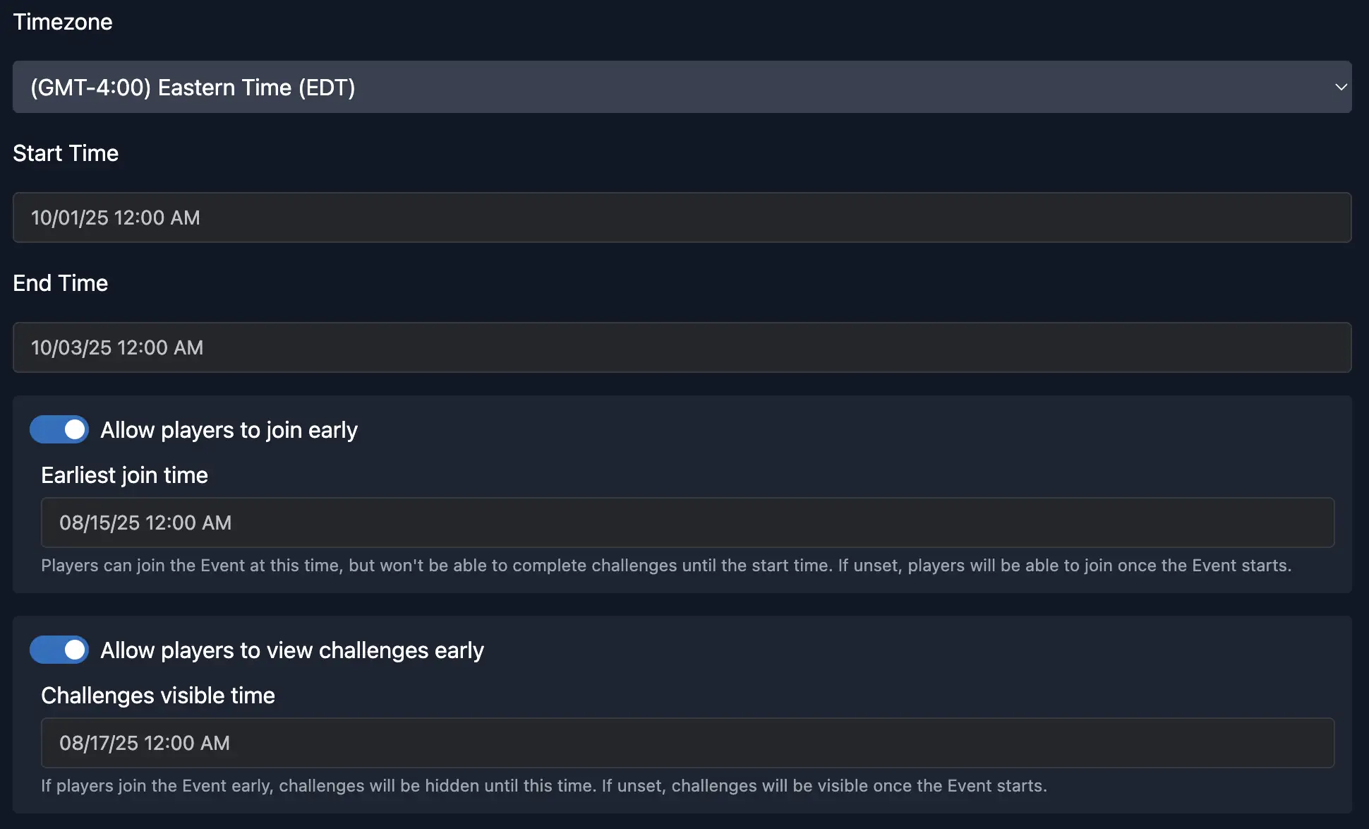 Designer settings for earliest join time and challenge visibility.