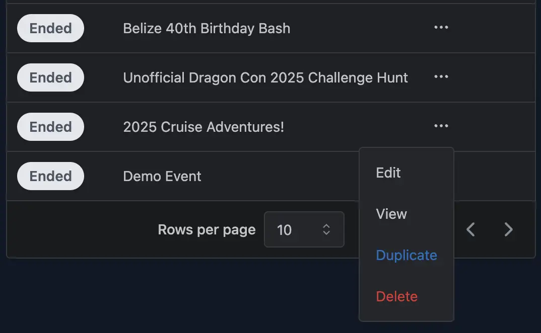 Events table showing Duplicate option in action menu