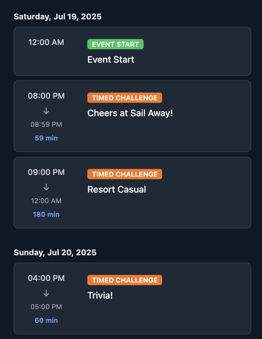 Schedule showing start and end times for an Event, and various time blocks allocated to timed challenges.
