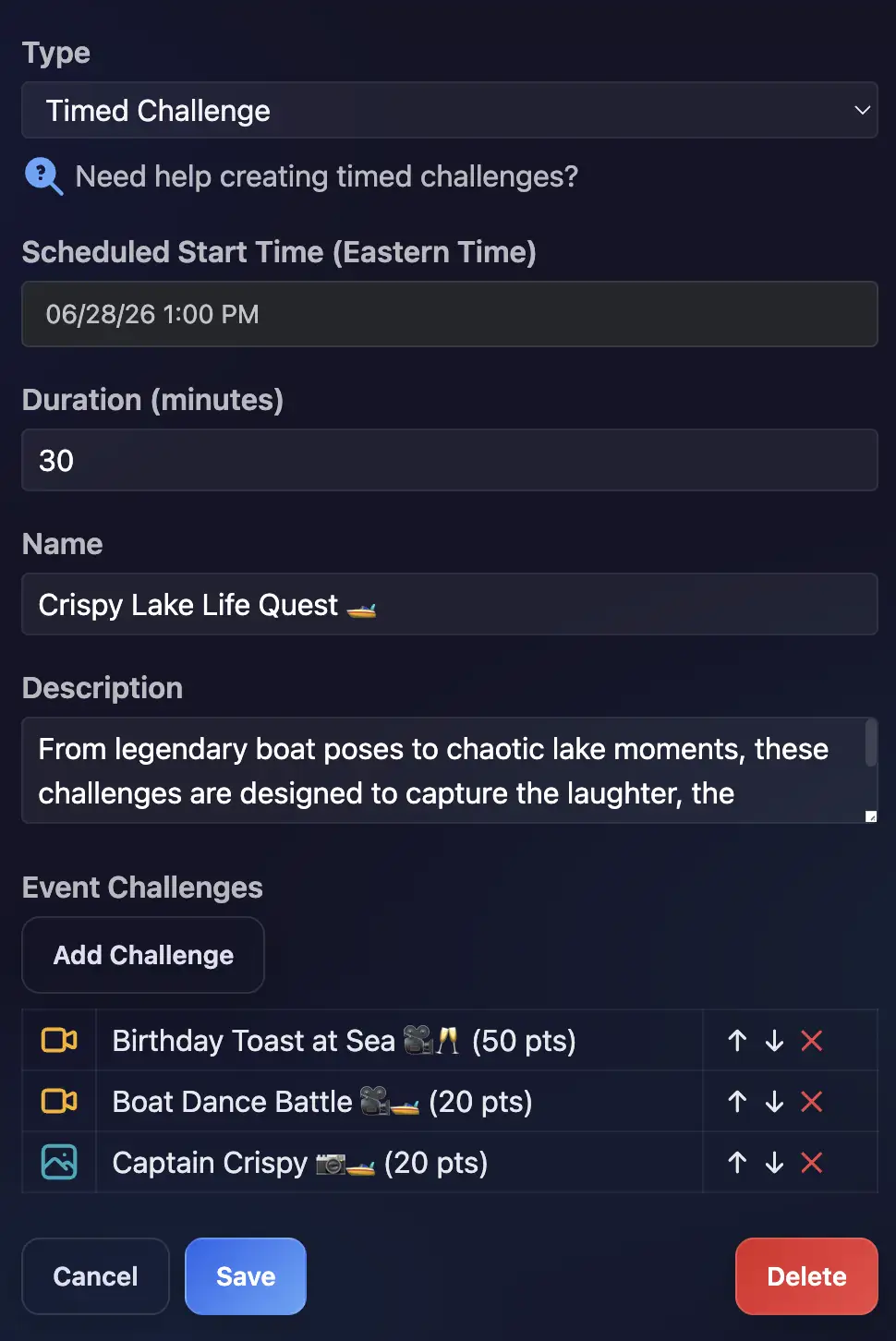 Schedule showing start and end times for an Event, and various time blocks allocated to timed challenges.