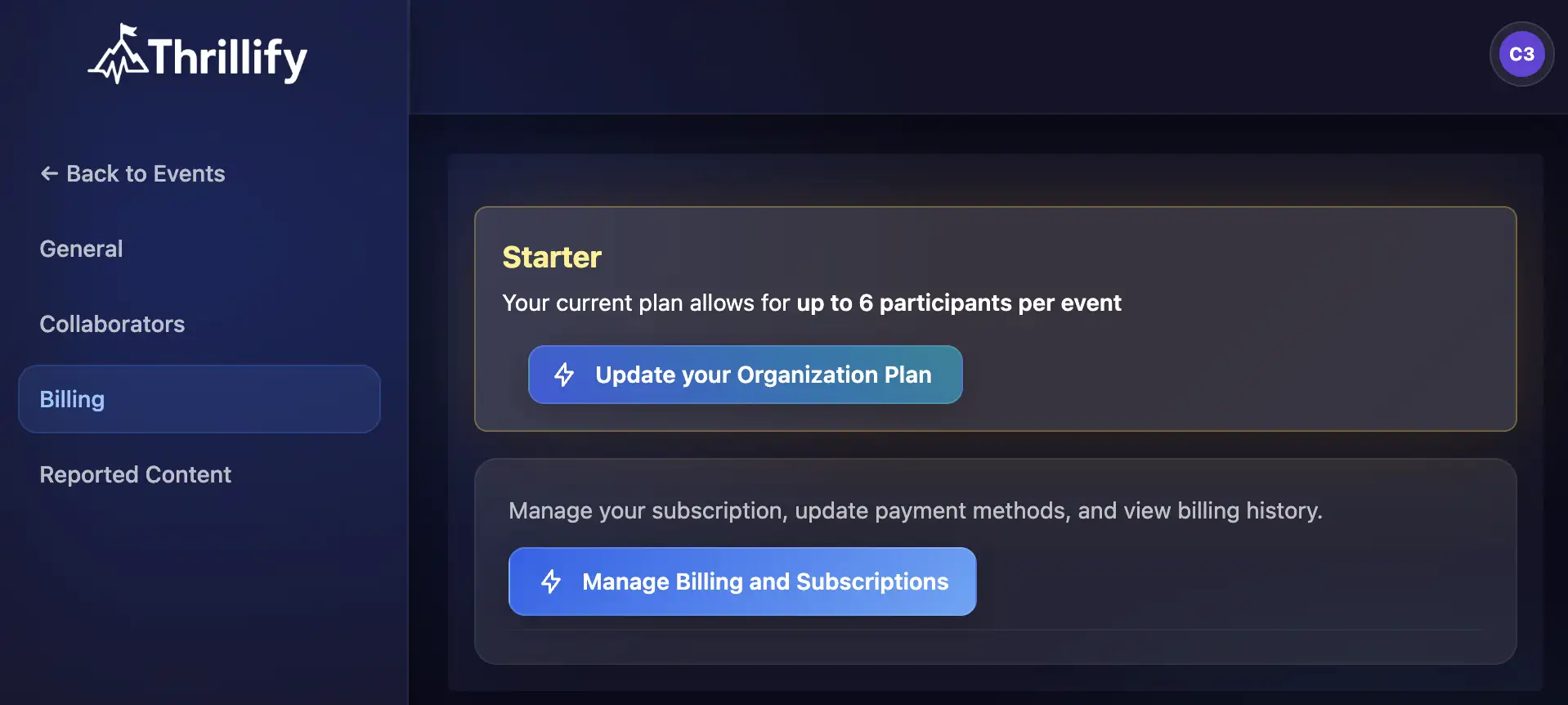 Thrillify Backstage Billing screen with a Manage Billing button.