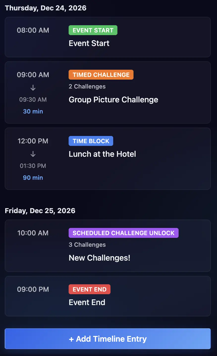 Schedule showing start and end times for an Event, and various time blocks allocated to timed challenges.
